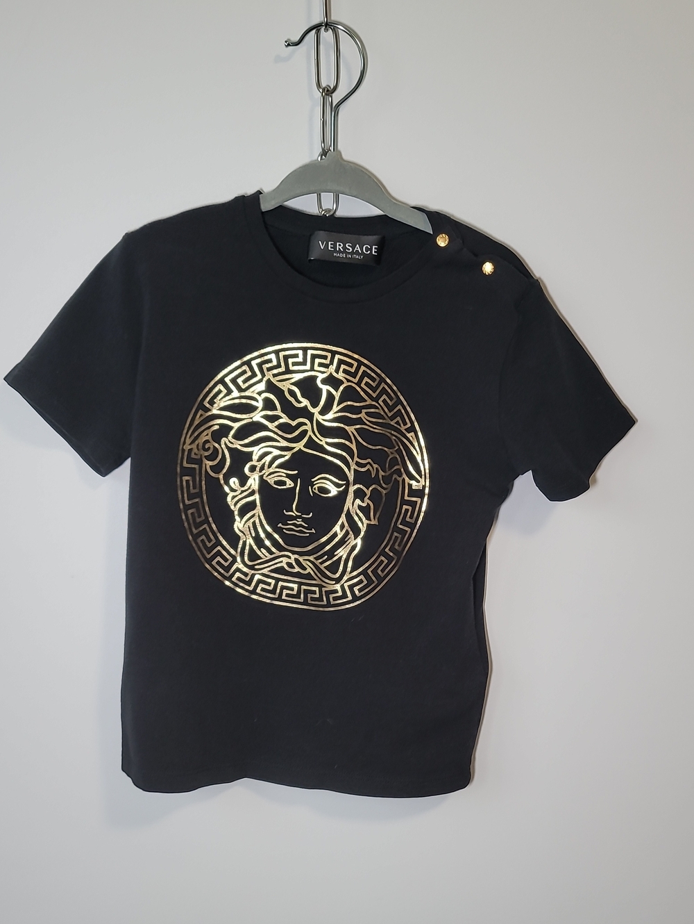 Versace Kids Black Tee with Gold Medusa Logo and Shoulder Buttons